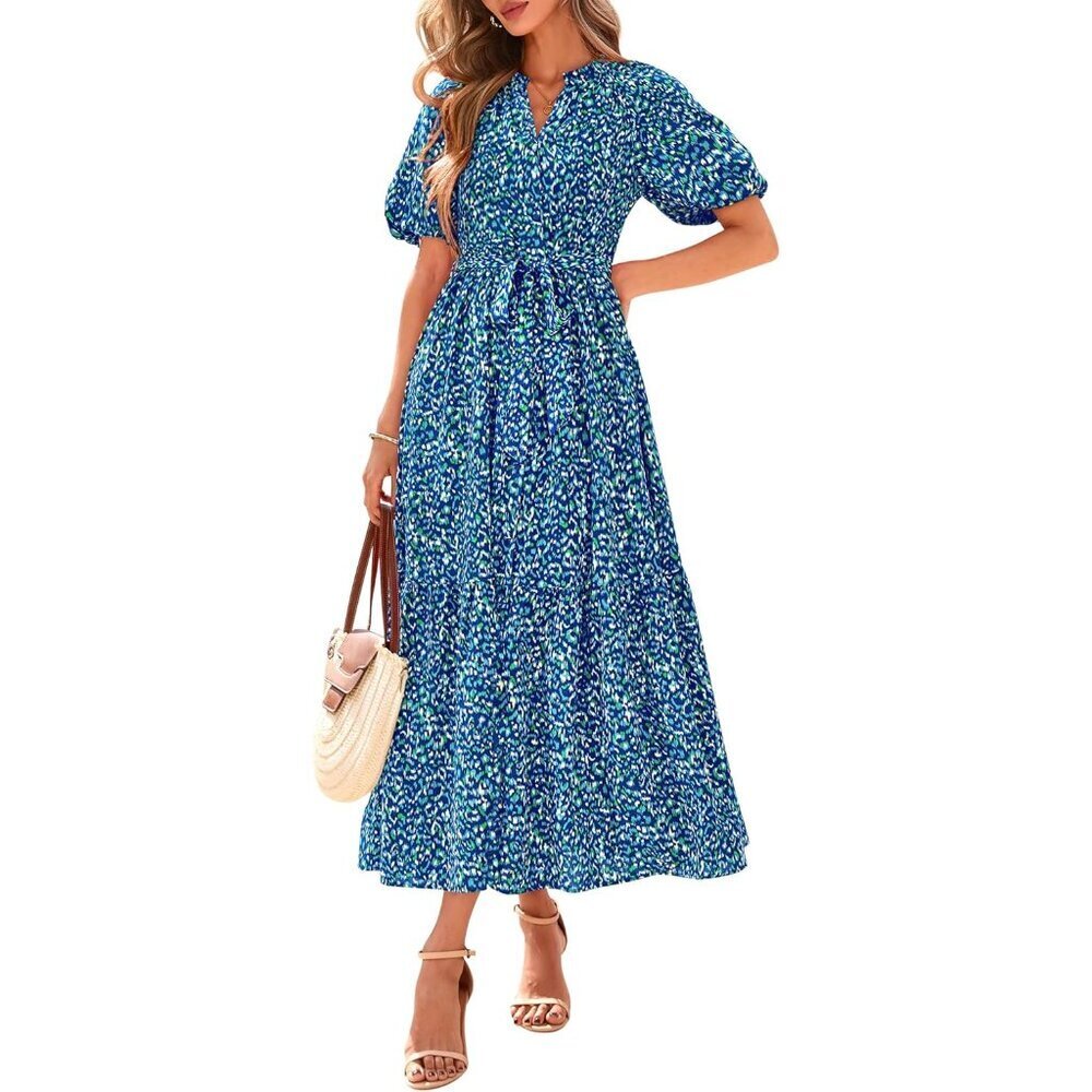 Women’s Boho Summer Maxi Dress V-Neck Puff Sleeve A-Line Beach Vacation